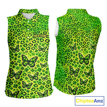 Load image into Gallery viewer, Womens Sleeveless Golf Polo Shirt Colorful Green Leopard Print Custom Butterfly Team Ladies Golf Tops NHN0171