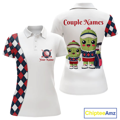 Matching Golf Polo Shirts For Couples Custom Red and Blue Argyle Pattern Golf Ball Cactus Golf Shirts NHN0040
