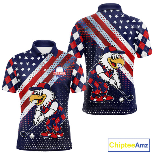 Funny American Flag Eagle Mens Golf Polo Shirts Patriotic Red & Blue Argyle Pattern Golf Ball Custom NHN0044