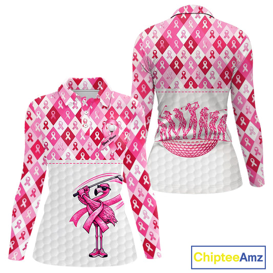 Womens Long Sleeve Golf Polo Shirt Custom Flamingo Ribbon Plaid Pattern, Breast Cancer Awareness Golf NHN0177