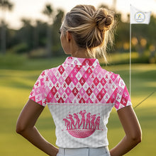 Load image into Gallery viewer, Womens Golf Polo Shirt Custom Pink Flamingo Ribbon Argyle Pattern, Breast Cancer Awareness Golf Tops NHN0177