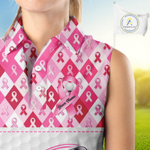 Load image into Gallery viewer, Womens Sleeveless Golf Polo Shirt Custom Flamingo Ribbon Plaid Pattern, Breast Cancer Awareness Golf NHN0177