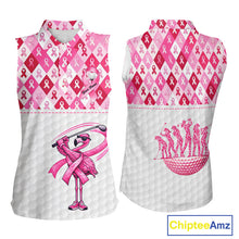 Load image into Gallery viewer, Womens Sleeveless Golf Polo Shirt Custom Flamingo Ribbon Plaid Pattern, Breast Cancer Awareness Golf NHN0177