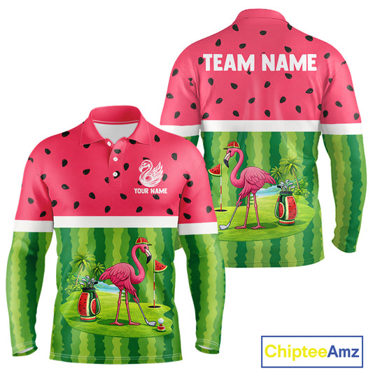 Funny Watermelon Polo Shirt, Long Sleeve Golf Polo Shirt Custom Tropical Pattern, Flamingo Golf Shirts NHN0183