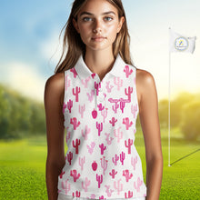 Load image into Gallery viewer, Funny Pink Cactus Pattern Womens Sleeveless Golf Polo Shirts Custom Cactus Ladies Golf Attire, Golf Gift NHN0185