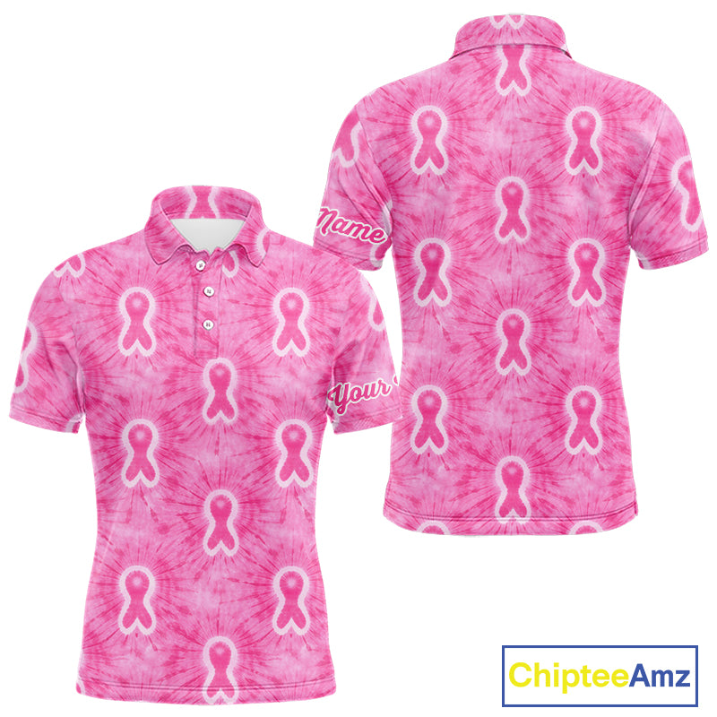 Pink Breast Cancer Golf Shirt Custom Name Tie Dye Mens Golf Polo Shirt Personalized Golf Gifts NHN0188