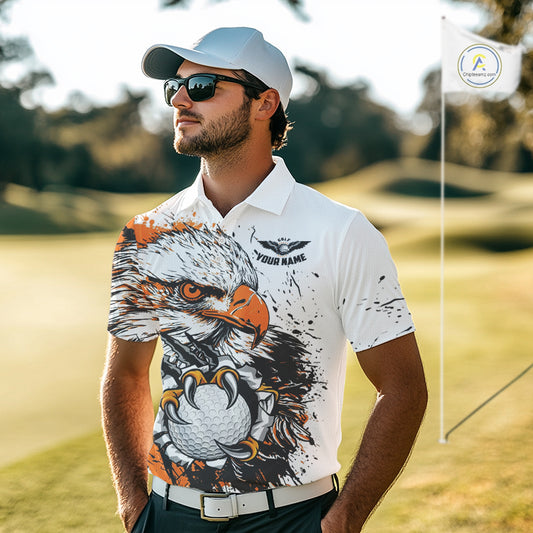 Custom Mens Golf Polo Shirt Orange & White Grunge Ripped Eagle Grasping Golf Ball Golf Apparel NHN0054