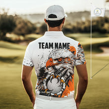 Load image into Gallery viewer, Custom Mens Golf Polo Shirt Orange &amp; White Grunge Ripped Eagle Grasping Golf Ball Golf Apparel NHN0054