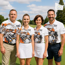 Load image into Gallery viewer, Custom Mens Golf Polo Shirt Orange &amp; White Grunge Ripped Eagle Grasping Golf Ball Golf Apparel NHN0054