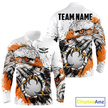 Load image into Gallery viewer, Long Sleeve Golf Polo Shirt Custom Orange And White Grunge Eagle Grasping Golf Ball, Golf Gifts NHN0054
