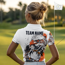 Load image into Gallery viewer, Custom Womens Golf Polo Shirt Orange &amp; White Grunge Ripped Eagle Grasping Golf Ball Golf Apparel NHN0054
