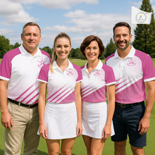 Load image into Gallery viewer, Womens Golf Polo Shirt Custom Pink And White Pattern With Golf Cart Golf Ball Shirts For Women NHN0059