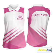 Load image into Gallery viewer, Womens Sleeveless Golf Polo Shirt Custom Pink And White Pattern Golf Cart &amp; Golf Ball Design NHN0059