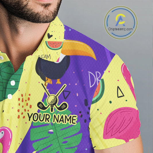 Funny Mens Golf Polo Shirt Custom Tropical Summer Pattern Flamingo Golf Shirts For Men NHN0195