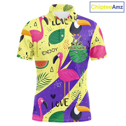 Funny Mens Golf Polo Shirt Custom Tropical Summer Pattern Flamingo Golf Shirts For Men NHN0195