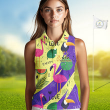 Load image into Gallery viewer, Funny Womens Sleeveless Golf Polo Shirt Custom Tropical Summer Pattern, Flamingo Golf Shirt For Ladies NHN0195