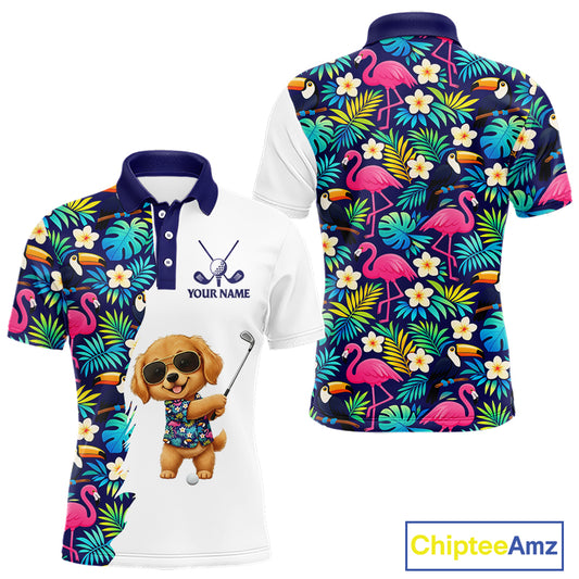 Funny Mens Golf Polo Shirts Custom Tropical Pattern, Golden Retriever Golf Shirt, Dog Lover Gift NHN0196