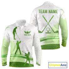 Load image into Gallery viewer, Long Sleeve Golf Polo Shirt Custom Green And White Pattern Golf Tops For Men, Personalized Golf Gifts NHN0037