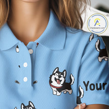 Load image into Gallery viewer, Funny Husky Blue Pattern Custom White Womens Golf Polo Shirts, Team Ladies Golf Tops, Dog Lover Gift NHN0065