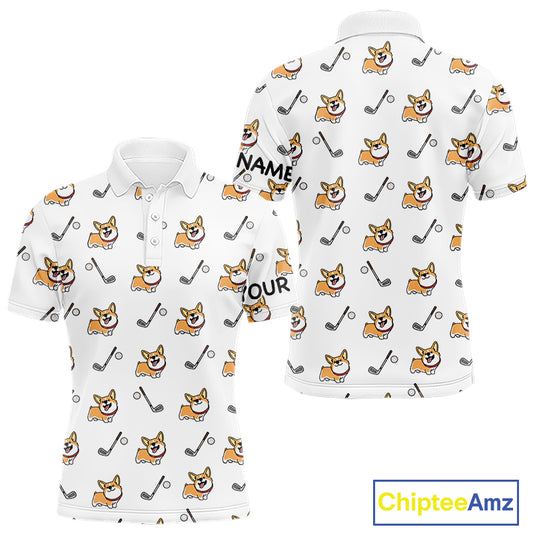 Mens Golf Polo Shirt Custom Cute Dogs Corgi Print White Golf Shirts For Men, Dog Lover Gift NHN0069