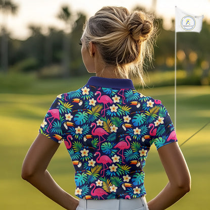 Funny Womens Golf Polo Shirt Custom Tropical Golden Retriever Ladies Golf Tops, Dog Lover Gift NHN0201