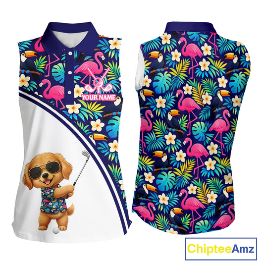 Womens Sleeveless Golf Polo Shirt Custom Tropical Golden Retriever Ladies Golf Tops, Dog Lover Gift NHN0201