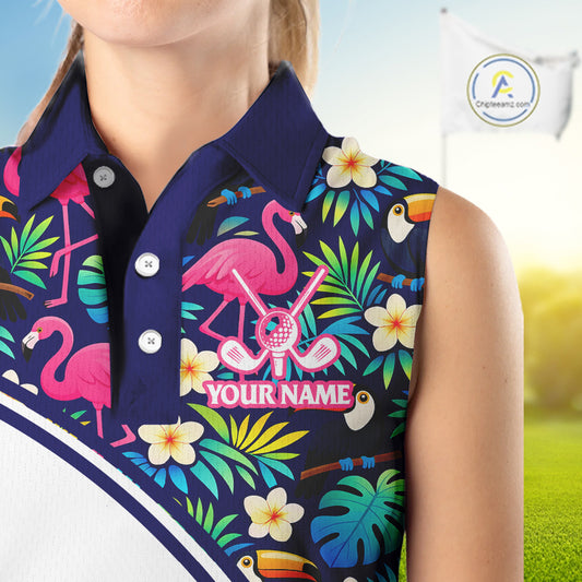 Womens Sleeveless Golf Polo Shirt Custom Tropical Golden Retriever Ladies Golf Tops, Dog Lover Gift NHN0201
