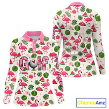 Load image into Gallery viewer, Pink Flamingo Tropical Womens Long Sleeve Golf Polo Shirt Custom Funny Ladies Golf Tops, Golf Gift NHN0202