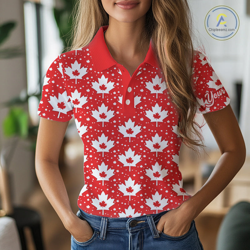 Red Maple Leaves Pattern Canadian Womens Golf Polo Shirts Custom Patriotic Golf Shirts For Men NHN0207