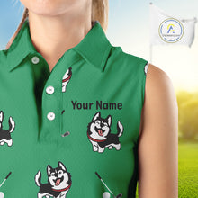 Load image into Gallery viewer, Womens Sleeveless Golf Polo Shirt Custom Funny Husky Green Pattern Team Ladies Golf Tops, Dog Lover Gift NHN0065
