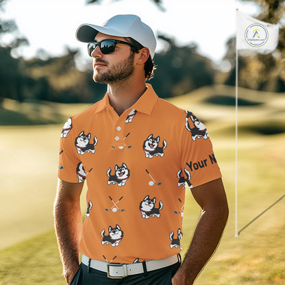 Men Golf Polo Shirt Custom Funny Husky Orange Pattern Team Golf Tops For Men, Dog Lover Gift NHN0065