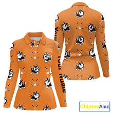 Load image into Gallery viewer, Womens Long Sleeve Golf Polo Shirt Custom Funny Husky Orange Pattern Team Ladies Golf Tops, Dog Lover Gift NHN0065