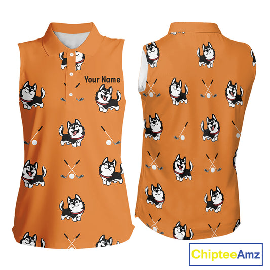 Womens Sleeveless Golf Polo Shirt Custom Funny Husky Orange Pattern Team Ladies Golf Tops, Dog Lover Gift NHN0065
