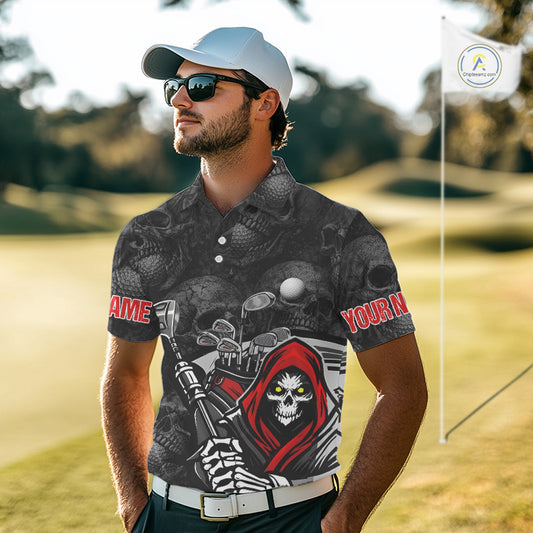 Funny Skull Mens Golf Polo Shirts Golf Ball Skull Pattern Custom Name Golf Apparel Personalized NHN0088