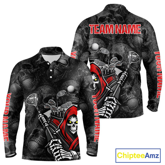 Funny Skull Mens Long Sleeve Golf Polo Shirt Golf Ball Skull Pattern Custom Name Golf Apparel NHN0088