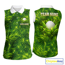 Load image into Gallery viewer, Green Sleeveless Womens Golf Polo Shirt Custom Leaf Pattern Golf Ball Team Golf Tops, Golf Gifts NHN0222