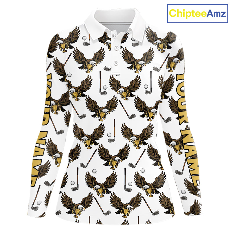 Golf Polo Shirts, Eagle Long Sleeve Golf Polo Shirt Custom Name White Golf Shirts For Women, Golf Gifts NHN0090