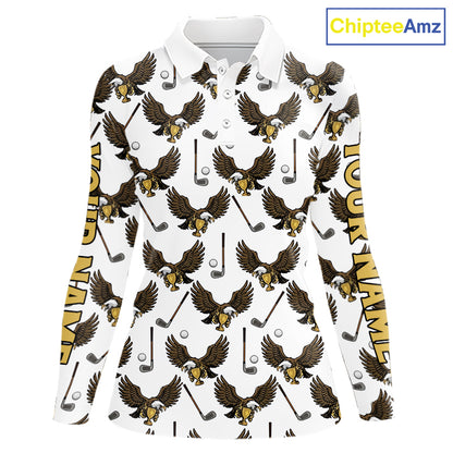 Golf Polo Shirts, Eagle Long Sleeve Golf Polo Shirt Custom Name White Golf Shirts For Women, Golf Gifts NHN0090