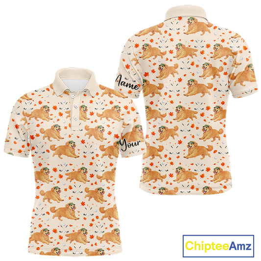 Golden Retriever Mens Golf Polo Shirt Custom Autumn Leaves Pattern Funny Golf Tops, Dog Lover Gift NHN0224