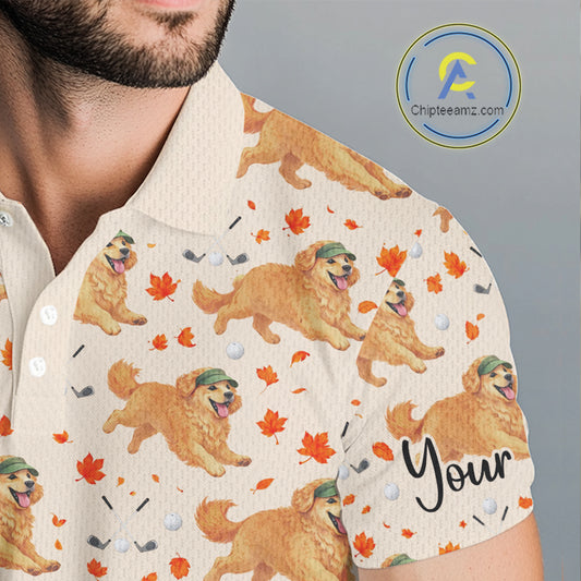 Golden Retriever Mens Golf Polo Shirt Custom Autumn Leaves Pattern Funny Golf Tops, Dog Lover Gift NHN0224