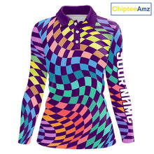 Load image into Gallery viewer, Womens Long Sleeve Golf Polo Shirt Custom Checkerboard Argyle Pattern Golf Shirts For Ladies NHN0123