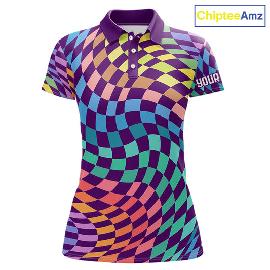 Womens Golf Polo Shirt Custom Checkerboard Argyle Pattern Golf Shirts For Ladies, Golf Gifts NHN0123