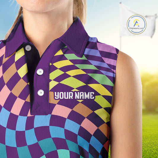 Womens Sleeveless Golf Polo Shirt Custom Checkerboard Argyle Pattern Golf Shirts For Ladies NHN0123