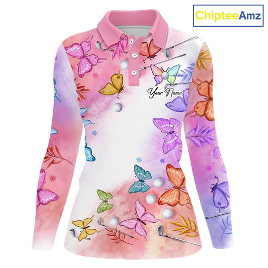 Butterfly Womens Long Sleeve Golf Polo Shirt Custom Name Floral Colorful Watercolor Golf Shirts NHN0126