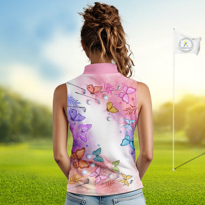 Butterfly Womens Sleeveless Golf Polo Shirt Custom Name Floral Colorful Watercolor Golf Shirts, Golf Gifts NHN0126