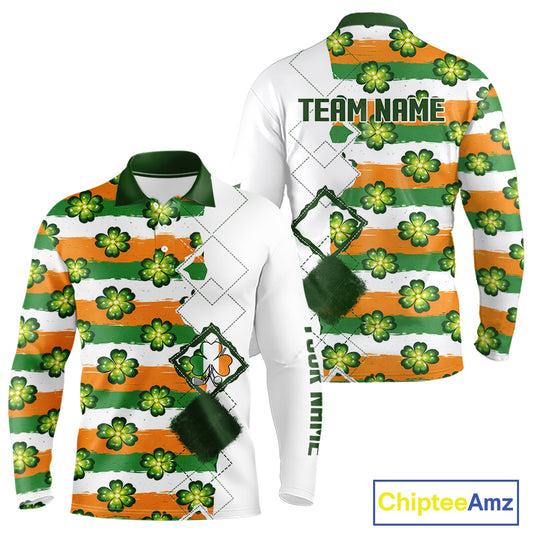Long Sleeve Golf Polo Shirt Custom Green Clover St Patricks Day Pattern Ireland Flag Golf Top NHN0139