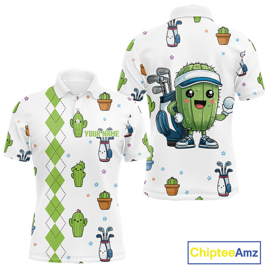 Argyle Pattern Mens Golf Polo Shirts Funny Cactus Flower Custom Cactus Golf Shirt Golfer Gifts NHN0012
