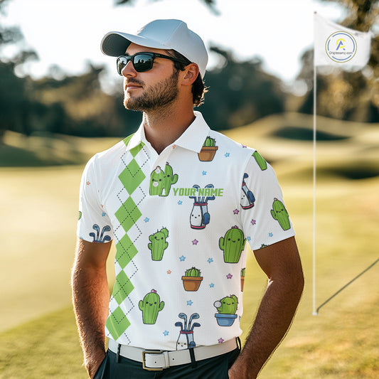 Argyle Pattern Mens Golf Polo Shirts Funny Cactus Flower Custom Cactus Golf Shirt Golfer Gifts NHN0012