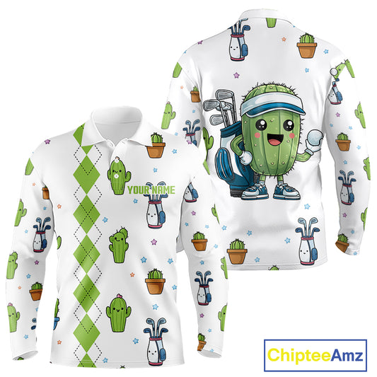 Argyle Pattern Mens Long Sleeve Golf Polo Shirt Custom Funny Cactus Golf Shirt Golfer Gifts NHN0012