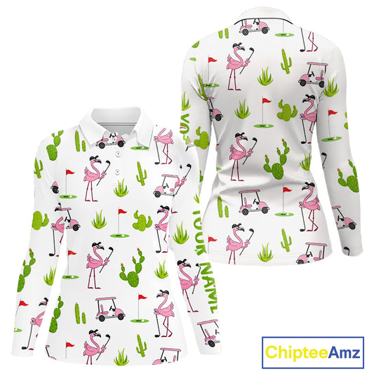 Flamingo Cactus Desert Pattern Womens Long Sleeve Golf Polo Shirt Custom Cactus Golf Shirt NHN0150